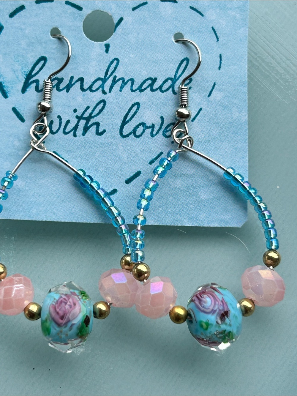 Blue Beaded Hoop Earrings with Pink Accents